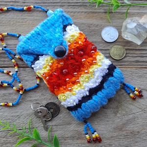 Knitted medicine necklace bag - Boho talisman pouch - Colorful amulet neck purse - Hippie jewelry with beads and fringe