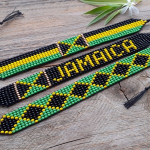 Jamaica flag bracelet, Patriotic beaded wristband, Loom hand woven bracelet, Seed bead inscription jewelry, Jamaican colors friendship gift
