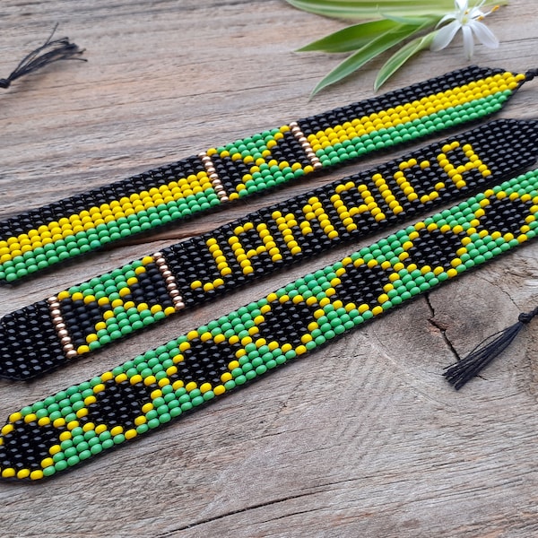 Jamaica flag bracelet, Patriotic beaded wristband, Loom hand woven bracelet, Seed bead inscription jewelry, Jamaican colors friendship gift