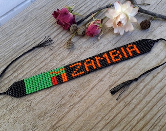 Zambia Flag Bracelet, Beaded Wristband, Loom Hand Woven Bracelet