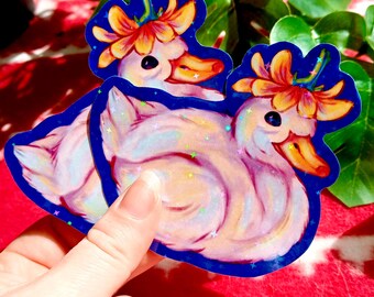 Duck With Flower Hat Sticker: Sparkly Animal Art