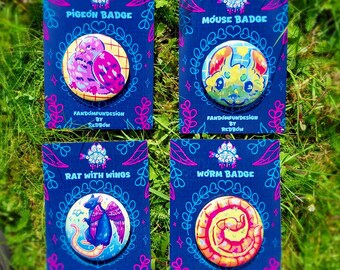 Animal Button Badge (pigeon, worm, rat, mouse) Love for the Unloved