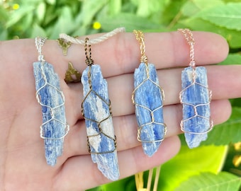 Blue Kyanite Blade Wire Wrap Necklace, Crystal Healing