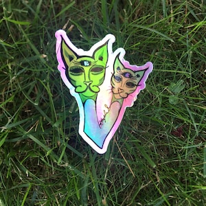 Two Headed Cat Waterproof Holographic Sticker