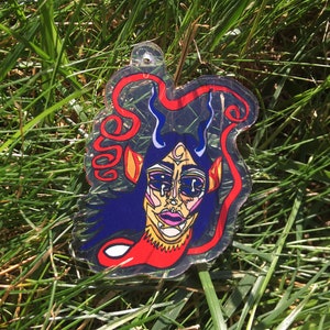 Horned Woman- Acrylic Keychain Charm on Sterling Silver Chain