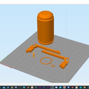 May include: A 3D printed model of a cylindrical object and a frame with multiple parts. The model is orange and is displayed on a gray grid.