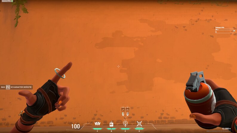 May include: A first-person view of a video game, showing a player's hand holding a grenade. The player is aiming the grenade at a wall. The wall is a bright orange color. The text "BAS VE KARAKTER DEGISTIR" is visible in the lower left corner of the image.