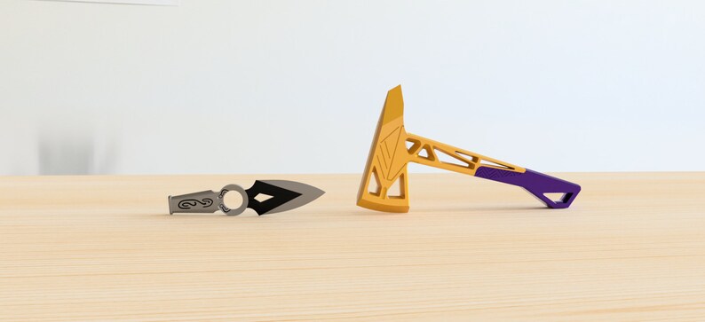 May include: A gold-colored axe with a purple handle and a silver throwing knife with a black blade.