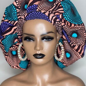 Bonnet - Purple, Peach Ankara Fabric | Single Layered Satin Silk Bonnet Caps