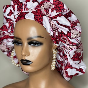 Bonnet - White and Red Ankara | Single Layered Satin Silk Bonnet Caps