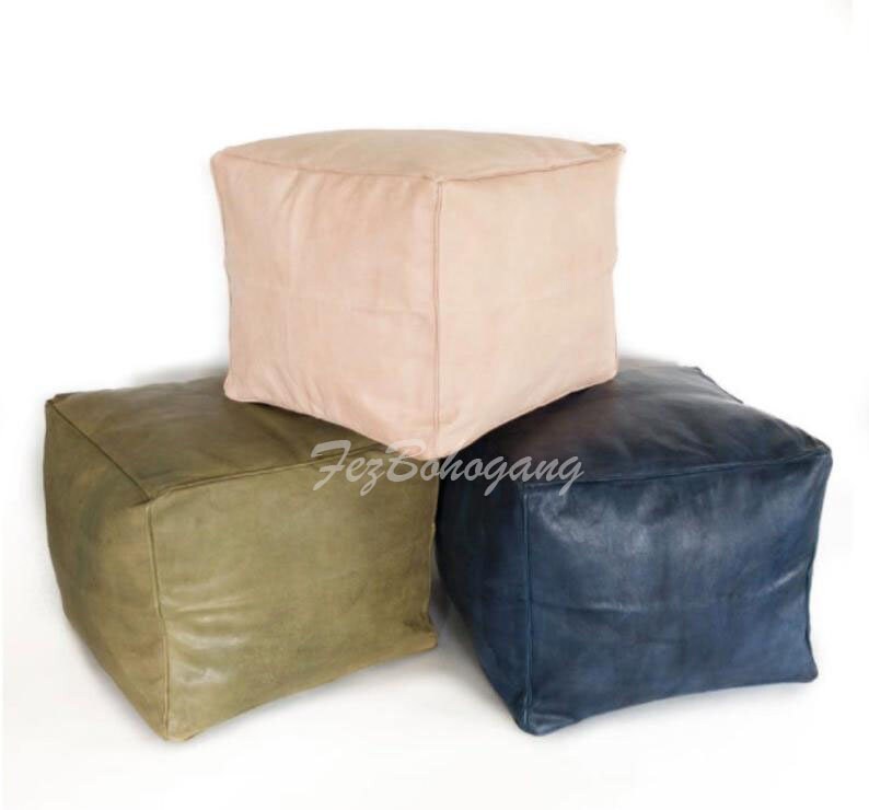 Moroccan Handmade Leather Pouf, Square Premium Leather Pouf, No Smell