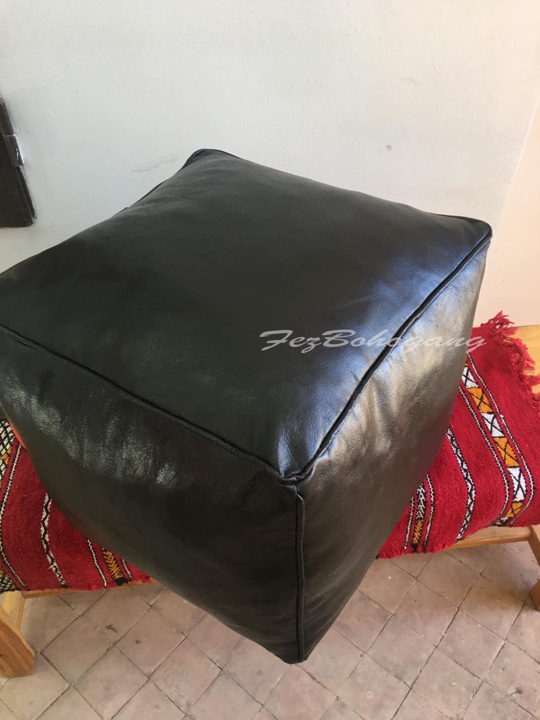 Moroccan Handmade Leather Pouf, Square Premium Leather Pouf, No Smell