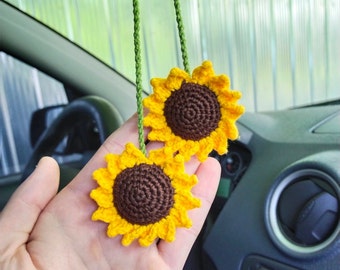 Crochet sunflower car mirror hanger