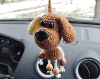 Crochet dog car mirror hanging