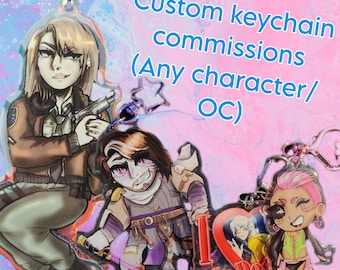 May include: Custom keychain commissions featuring anime-style characters. The keychains showcase detailed illustrations of various characters, including one holding a gun, and another with a sword. The background is a colorful blend of pink and blue.