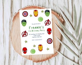 May include: A white invitation card with a green, red, and blue superhero theme. The card says "You are invited to Freddie's 7th Birthday Party" and includes details about the party, including the date, time, and location. The card is decorated with images of popular superheroes, including Iron Man, Hulk, Spiderman, and Captain America.