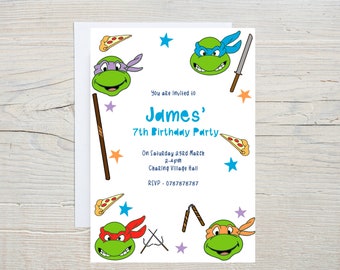 Personalised kids party invitations, ninja turtle invites, children's invites, teenage mutant ninja turtle invitations