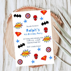 Personalised kids superhero party invitations for boys