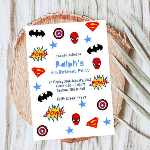 Invitaciones personalizadas de superhéroes para fiestas infantiles para niños