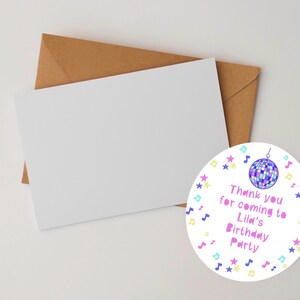 May include: Round thank you sticker with a disco ball, stars, and musical notes. The text reads "Thank you for coming to Lila's Birthday Party".