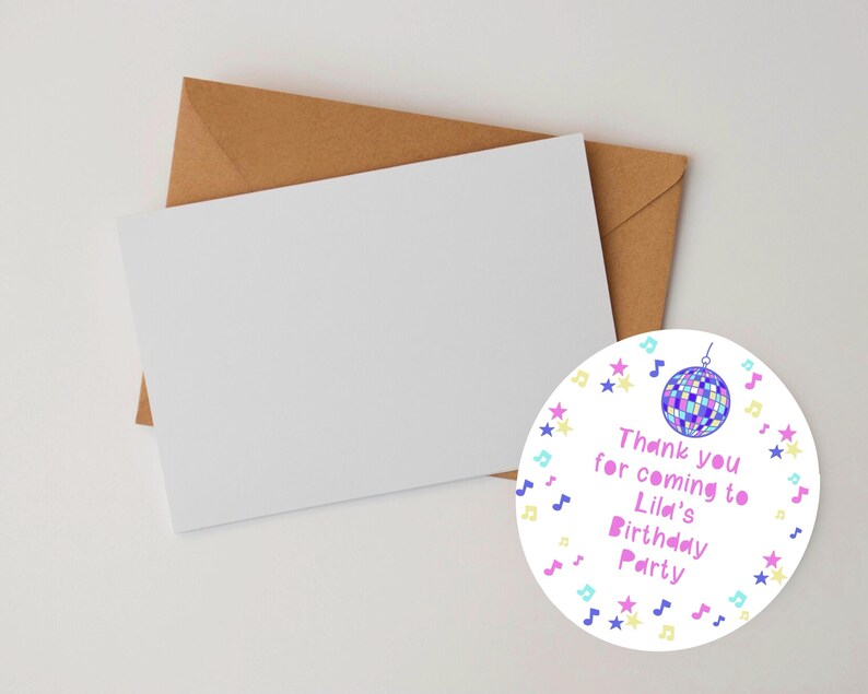 May include: Round thank you sticker with a disco ball, stars, and musical notes. The text reads "Thank you for coming to Lila's Birthday Party".