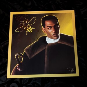 May include: A digital illustration of a man wearing a brown fur coat with a yellow bee flying above him. The background is a yellow gradient with a dark brown border.