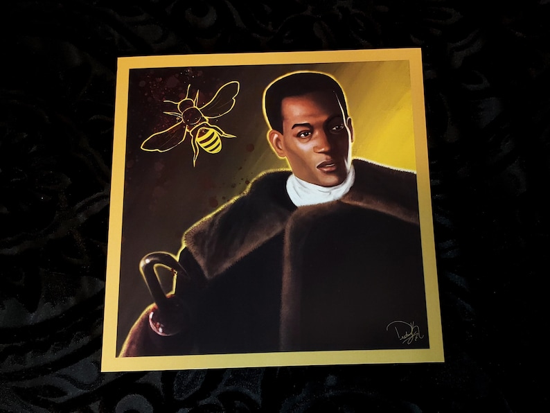 May include: A digital illustration of a man wearing a brown fur coat with a yellow bee flying above him. The background is a yellow gradient with a dark brown border.