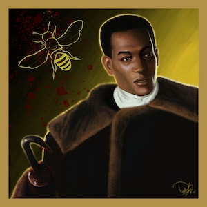 May include: A digital painting of a man with dark skin wearing a brown fur coat. He has a serious expression on his face. A yellow bee with red blood splatters is in the background.