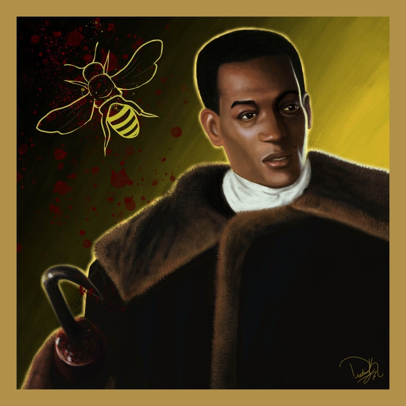 May include: A digital painting of a man with dark skin wearing a brown fur coat. He has a serious expression on his face. A yellow bee with red blood splatters is in the background.