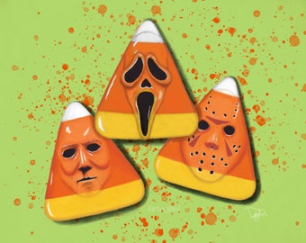 Candy Corn Horror Slashers Halloween Art Print, Michael Myers Jason Voorhees Wall Decor Limited Edition Print