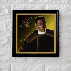 May include: A framed illustration of a man wearing a brown fur coat with a yellow bee flying above him. The background is a yellow and brown color with red splatters.