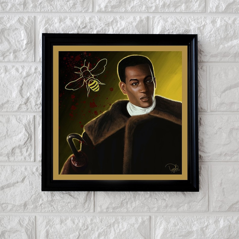 May include: A framed illustration of a man wearing a brown fur coat with a yellow bee flying above him. The background is a yellow and brown color with red splatters.
