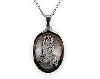 St Jude Thaddeus Medal Silver Stainless Steel Pendant Charm Necklace Chain San Judas Tadeo Medalla Plata Acero Collar Catholic Jewelry Gift