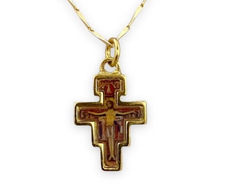 San Damiano Small Gold Toned Cross Pendant Charm with Gold Plated Chain Necklace Cruz Crucifijo Collar Oro Laminado Cadena St Francis Assisi