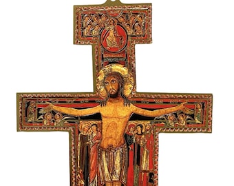 San Damiano St Francis of Assisi Wooden Wall Cross Crucifix 7" Inches Catholic Religious Art Home Decor Gift Raomanesque Franciscans Cruz