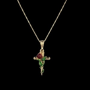 Red Rose Cross 14K Gold Plated Pendant Charm Necklace Chain Rosa Roja Cruz Cadena Collar Oro Laminado Christian Crucifix Christmas Gift