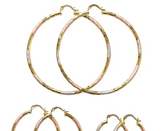 Tri-Color Gold Plated Hoop Earrings 1, 1.5, 2.5 Inches Aretes Arracadas Tres Color Oro Laminado Jewelry Christmas Valentine's Mother's Gift