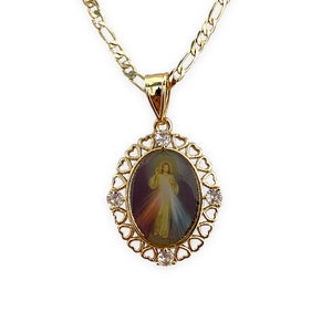 Divine Mercy Jesus Gold Plated Pendant Charm Necklace Chain Divina Misericordia de Jesus Medalla Cadena Collar Oro Laminado Catholic Gift