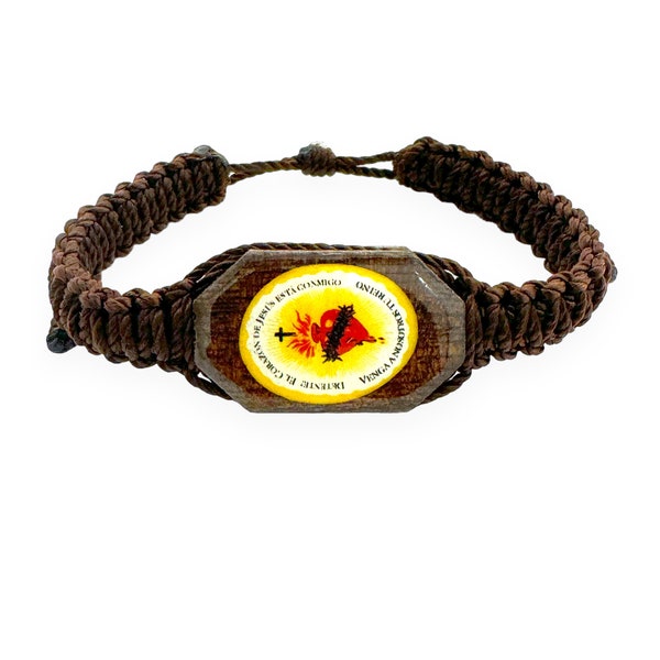 Sacred Heart of Jesus Detente Brown Braided Corded Adjustable Men's Women's Teens Bracelet Gift Pulsera del Sagrado Corazon de Jesus