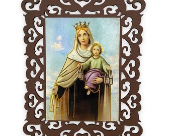 Nuestra Señora del Monte Carmelo Virgen María Marco de Placa de madera marrón arte de pared Virgen del Carmen Placa Imagen regalo católico religioso decoración del hogar