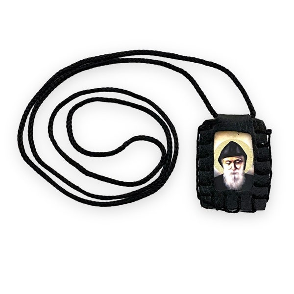 Saint Charbel Makhlouf Black Scapular Necklace Rectangular Pendant San Charbel Escapulario Collar Catholic Religious Gift Unisex
