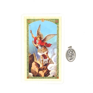 Prayer to Saint Michael the Archangel English Holy Laminated Prayer Card with Oxidized Medal Pendant Charm Gift Set Catholic Patron Saint