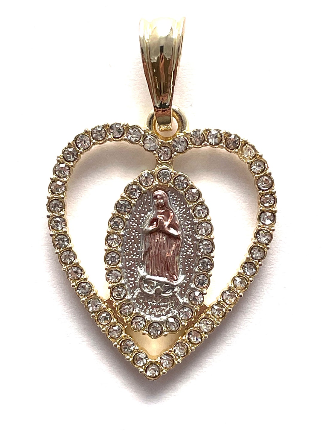 Our Lady of Guadalupe Virgin Mary 14K Gold Plated Tri Color Heart ...