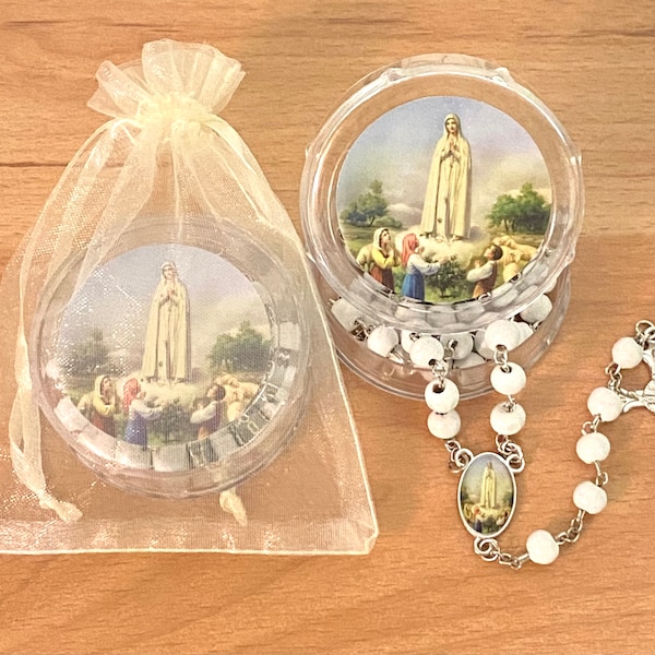 12 Pcs Our Lady of Fatima Virgin Rosary Rosaries Plastic Cases Party Favors Gifts Organza Bags Religious Virgen de Fatima Rosarios Recuerdos
