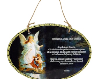 Oración al Angel de la Guarda Cuadro Imagen Placa Guardian Angel Oval Ceramic Plaque Spanish Prayer Home Décor Wall Art Catholic Religious