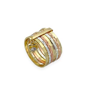 Tri-Color Gold Plated Heart Charm Semanario Ring Anillo de Oro Laminado Fashion Jewelry Valentine's Day Christmas Birthday Mother's Day Gift