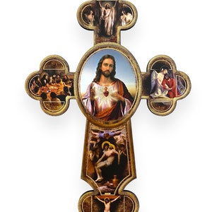 Sacred Heart of Jesus Crucifixion Last Supper Resurrection Virgin Mary Angels Wooden Wood Wall Cross 15" Art Décor Catholic Sagrado Corazon