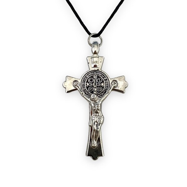 St Benedict Medal Cross Crucifix Pendant w/Black String Necklace San Benito Medalla Cruz Crucifijo Collar Catholic Religious Men's Women's