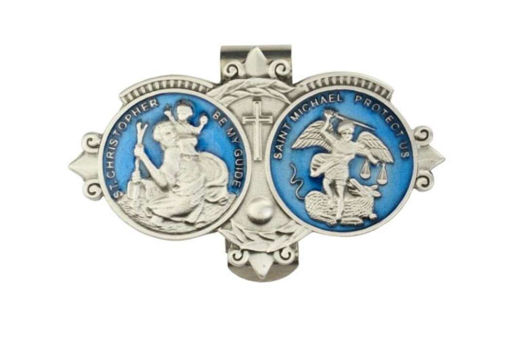 St. Michael Archangel St. Christopher Pewter Blue Epoxy Visor Clip Car