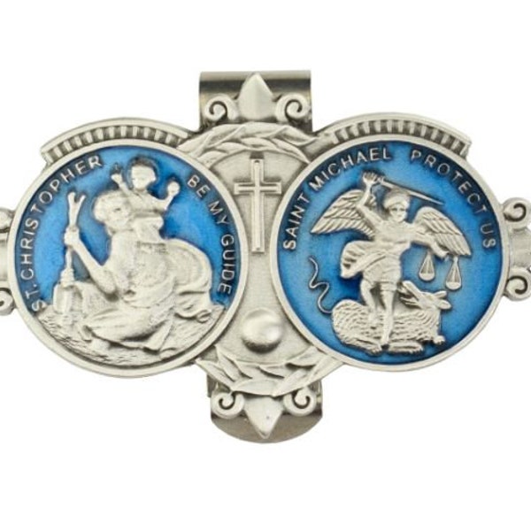 St. Michael Archangel St. Christopher Pewter Blue Epoxy Visor Clip Car Auto Protection Religious Gift Patron Saint Motorist Police Military